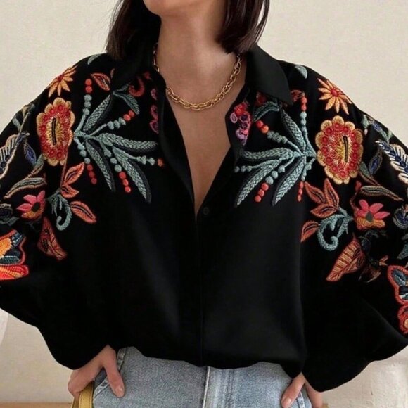 Black Casual Women's emroidered Floral Print Long Sleeve Shirt - Picture 1 of 5
